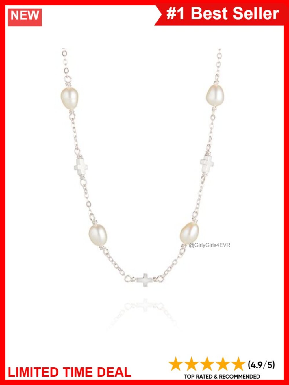 925 Sterling Silver Cross Freshwater Pearl Necklace Girls Adjustable 16in